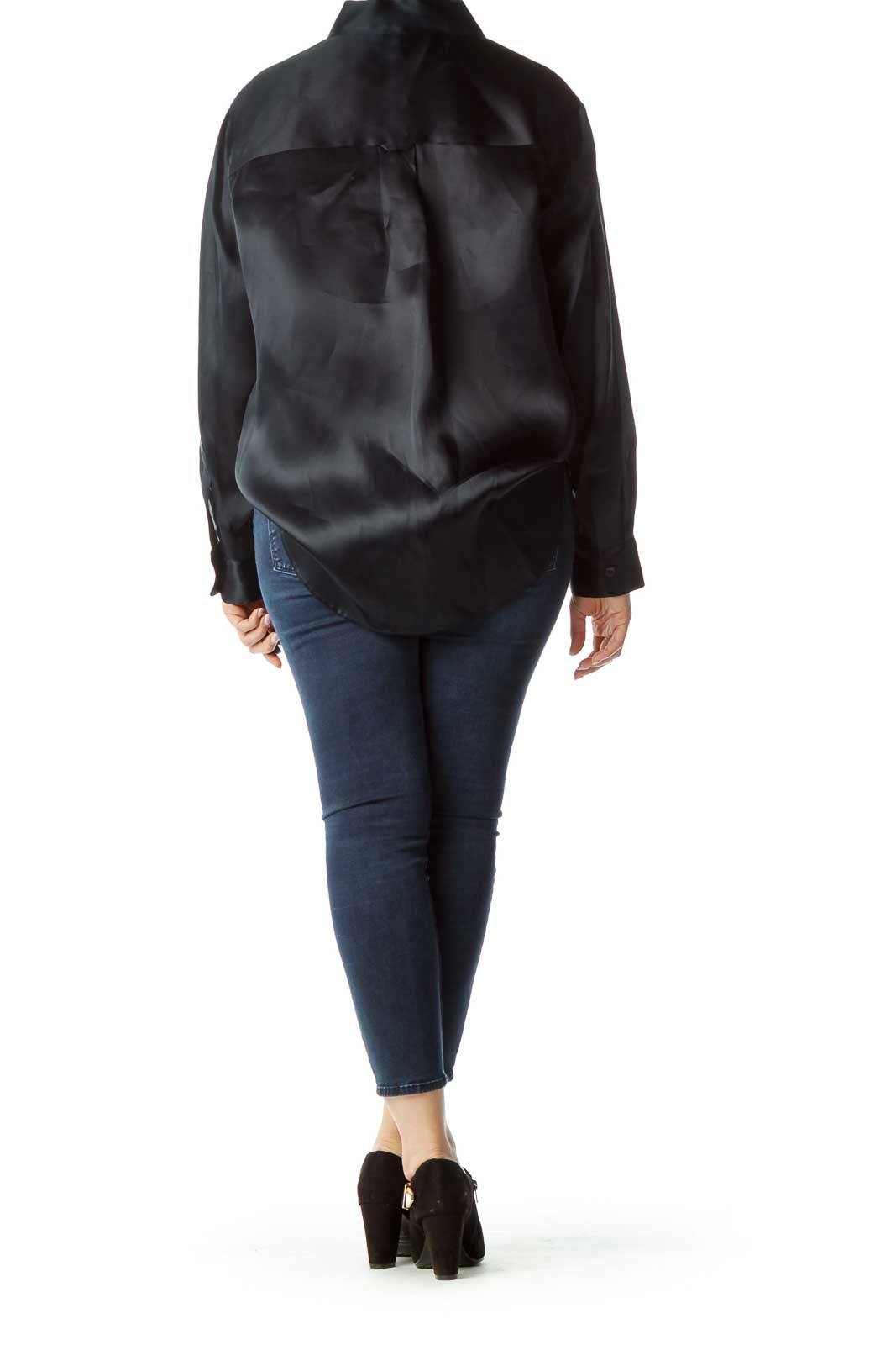 Navy Silk Long-Sleeve Blouse