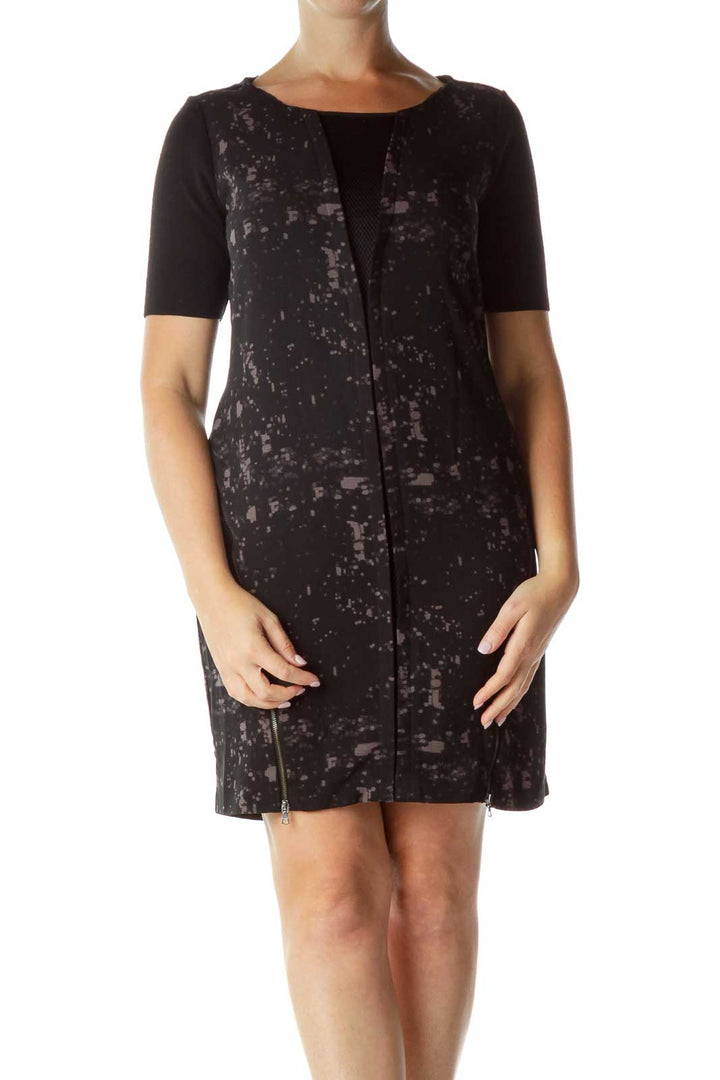 Black Gray Mesh Zippered Short Sleeve Dress