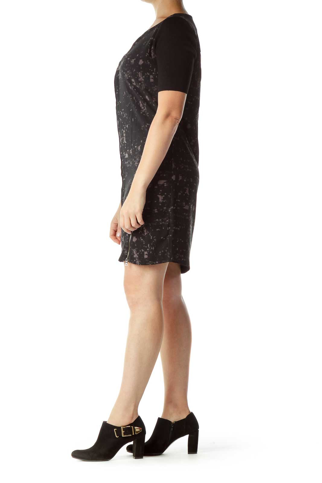 Black Gray Mesh Zippered Short Sleeve Dress