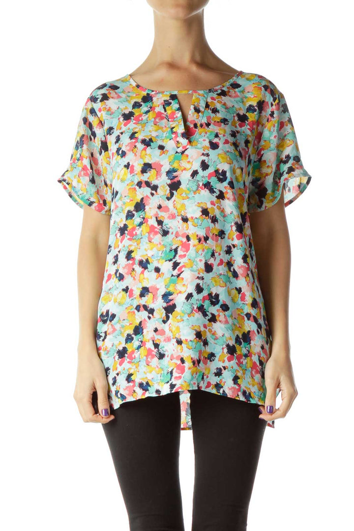 Green Blue Pink Yellow White Short-Sleeve Top