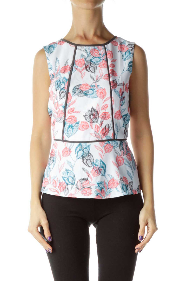 Pink Blue Gray White Floral Sleeveless Peplum Top