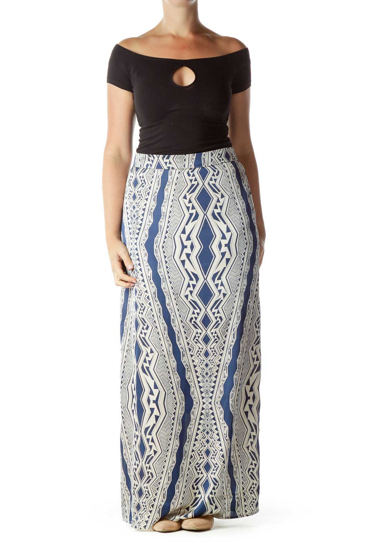 Cream Blue Tribal Print Maxi Skirt