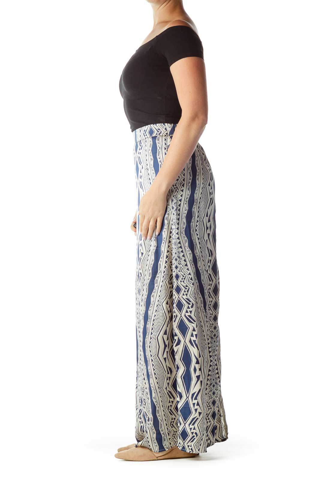 Cream Blue Tribal Print Maxi Skirt