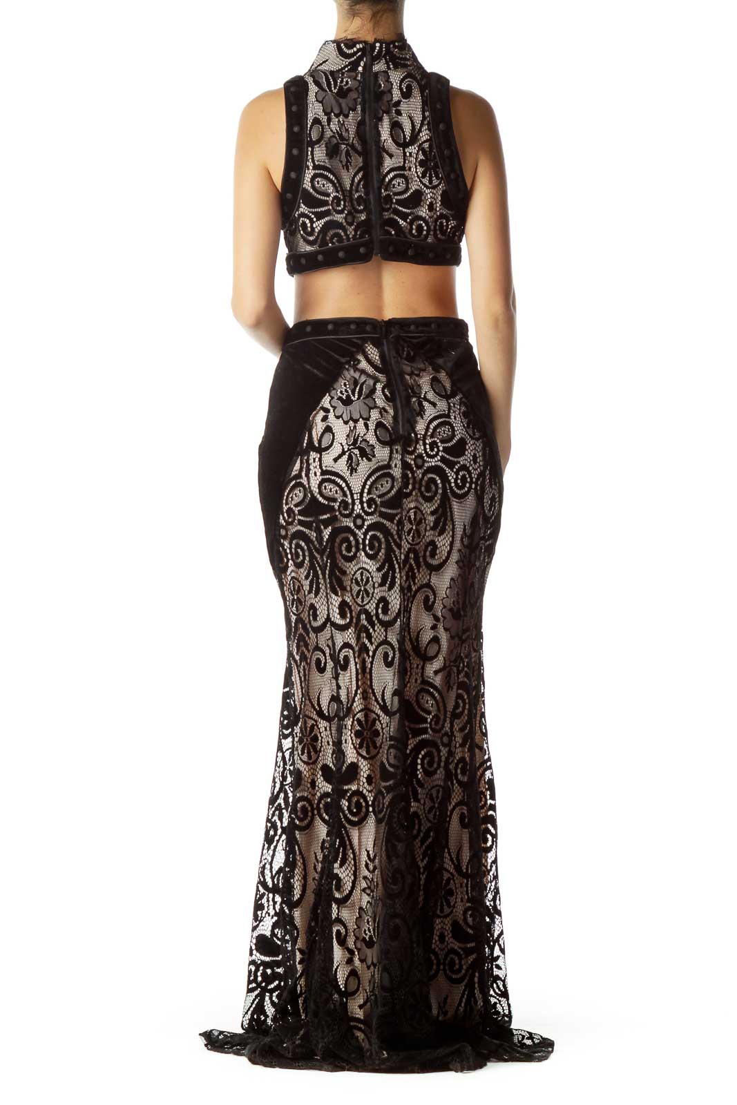 Black Lace Velvet Open Back Gown