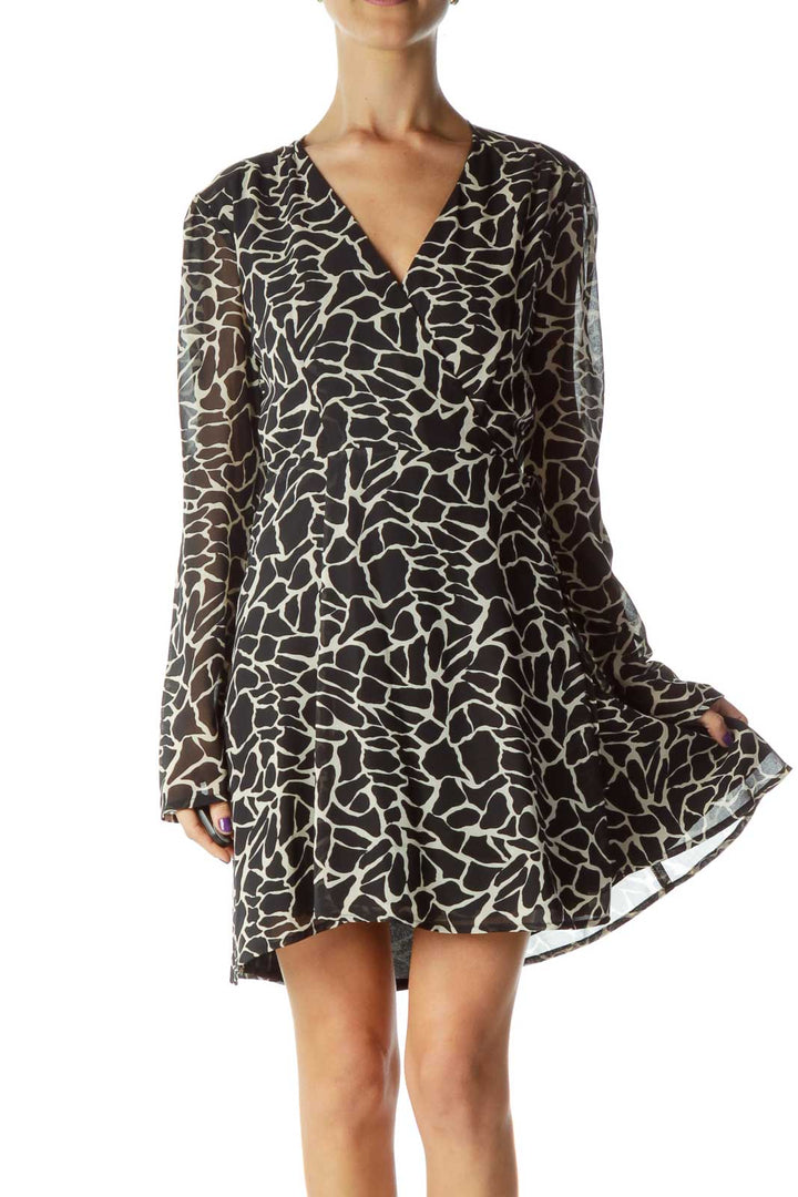 Black Beige Printed Long Sleeve Work Dress