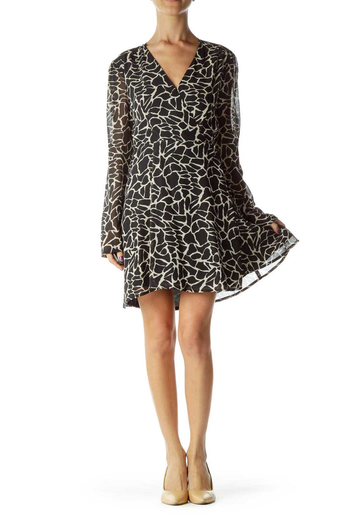 Black Beige Printed Long Sleeve Work Dress