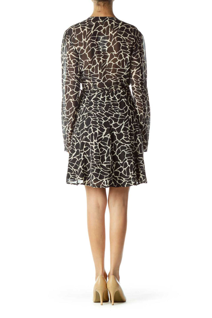 Black Beige Printed Long Sleeve Work Dress