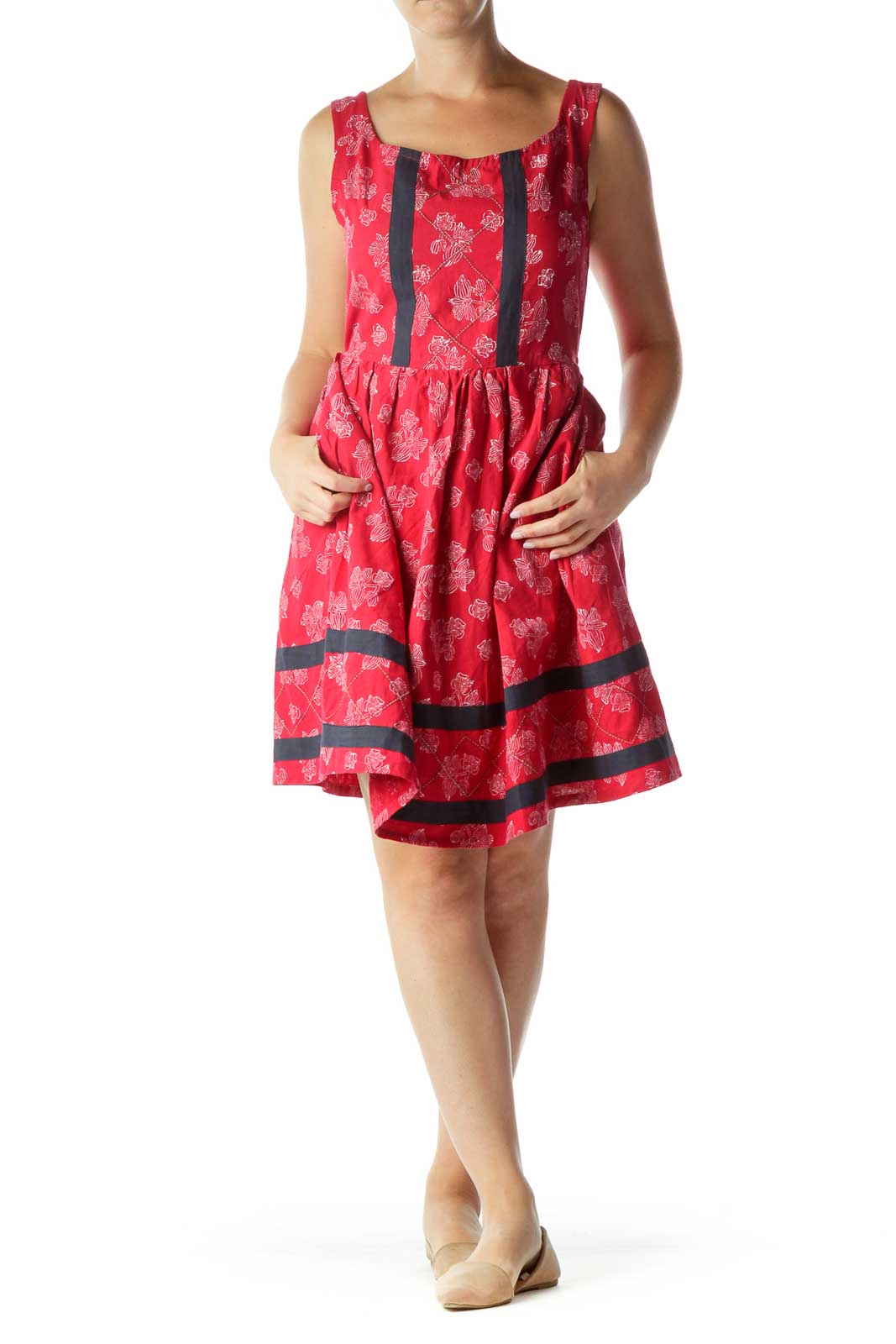 Red White Flower Print Work Dress