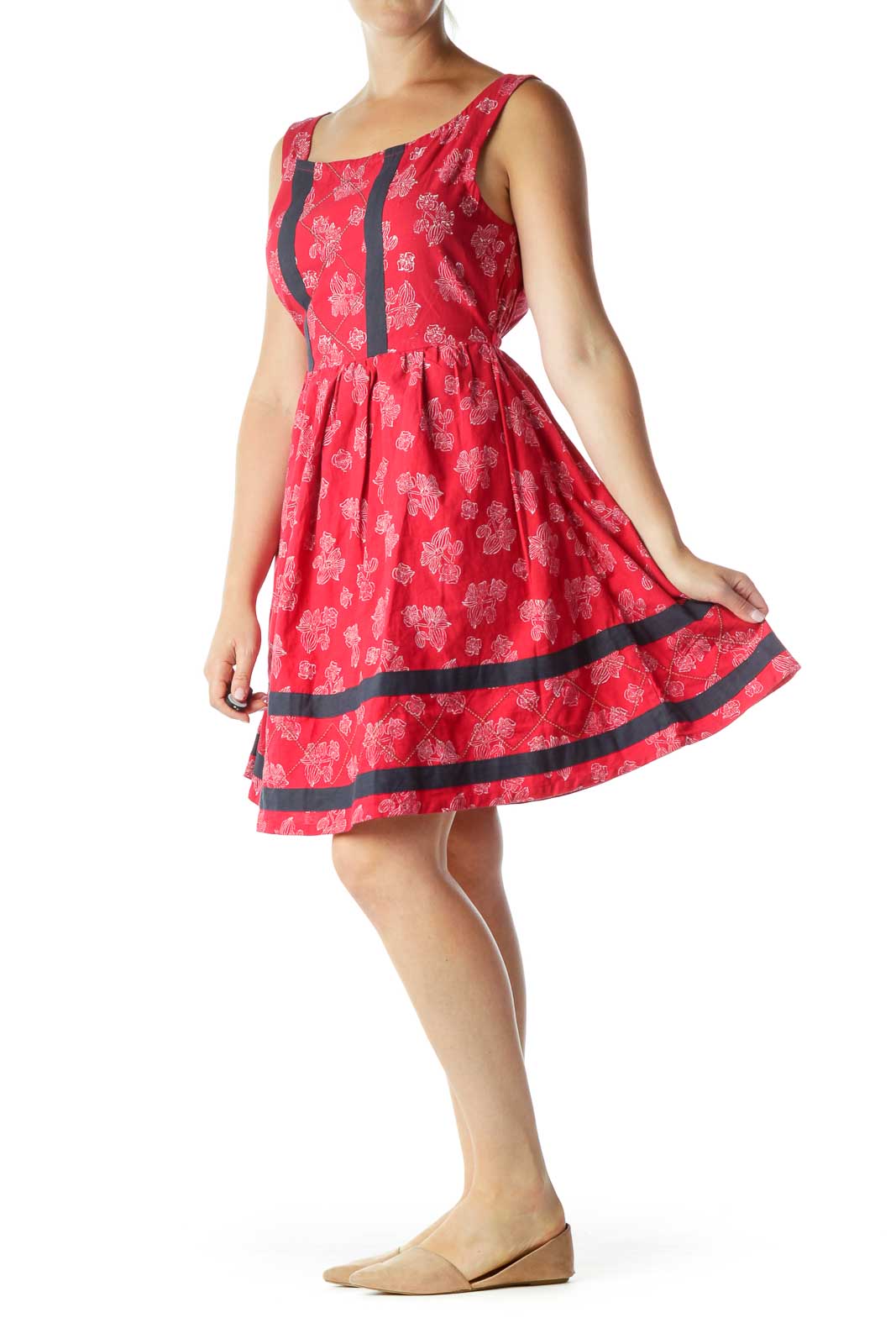 Red White Flower Print Work Dress