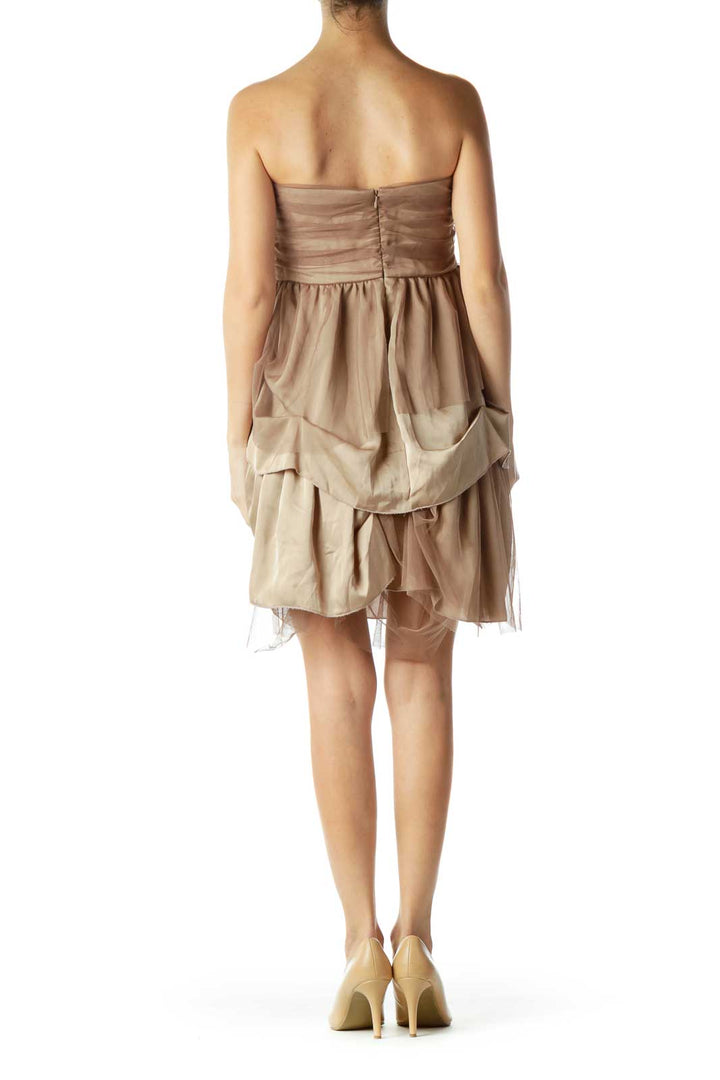 Brown Strapless Tool & Satin Dress