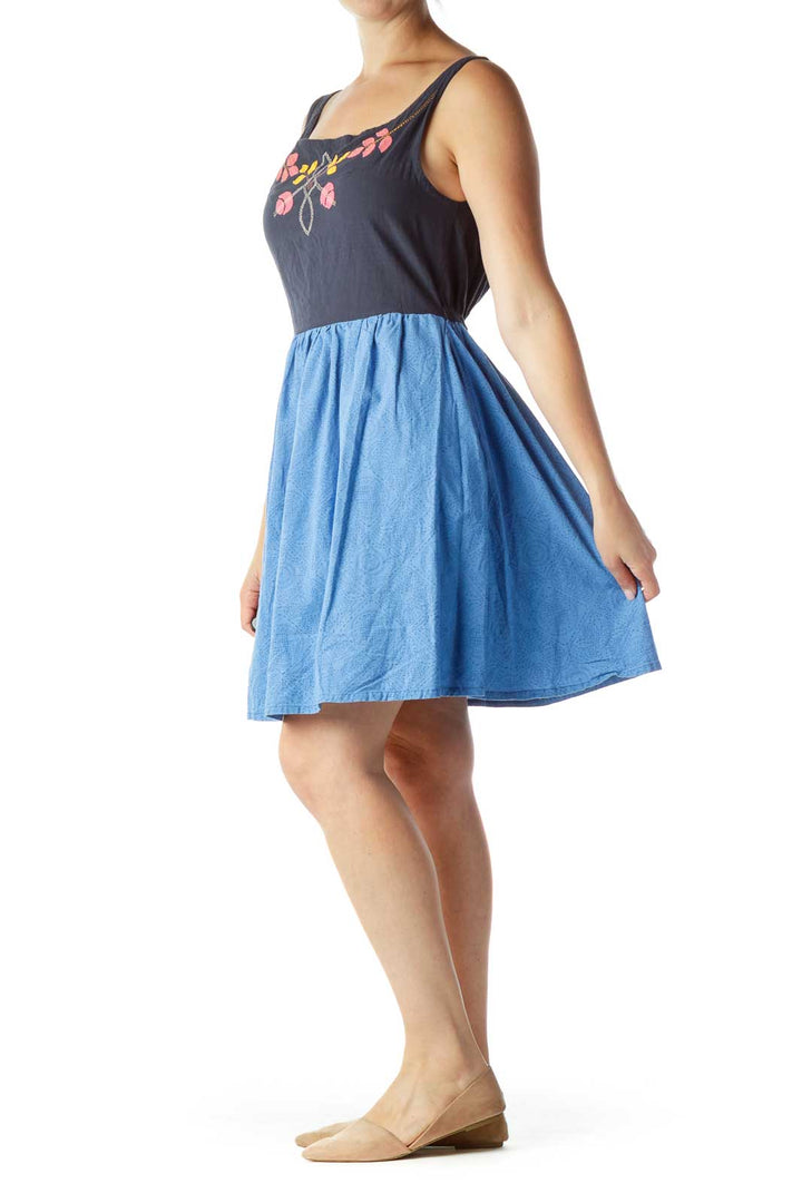 Blue Embroidered A-Line Day Dress