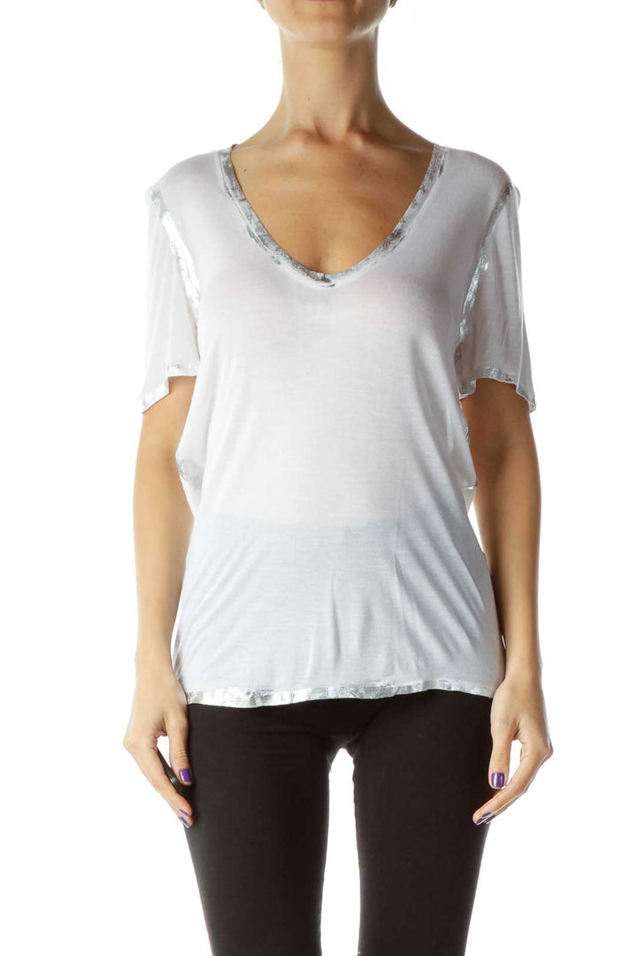 White Silver Metallic V-Neck T-Shirt