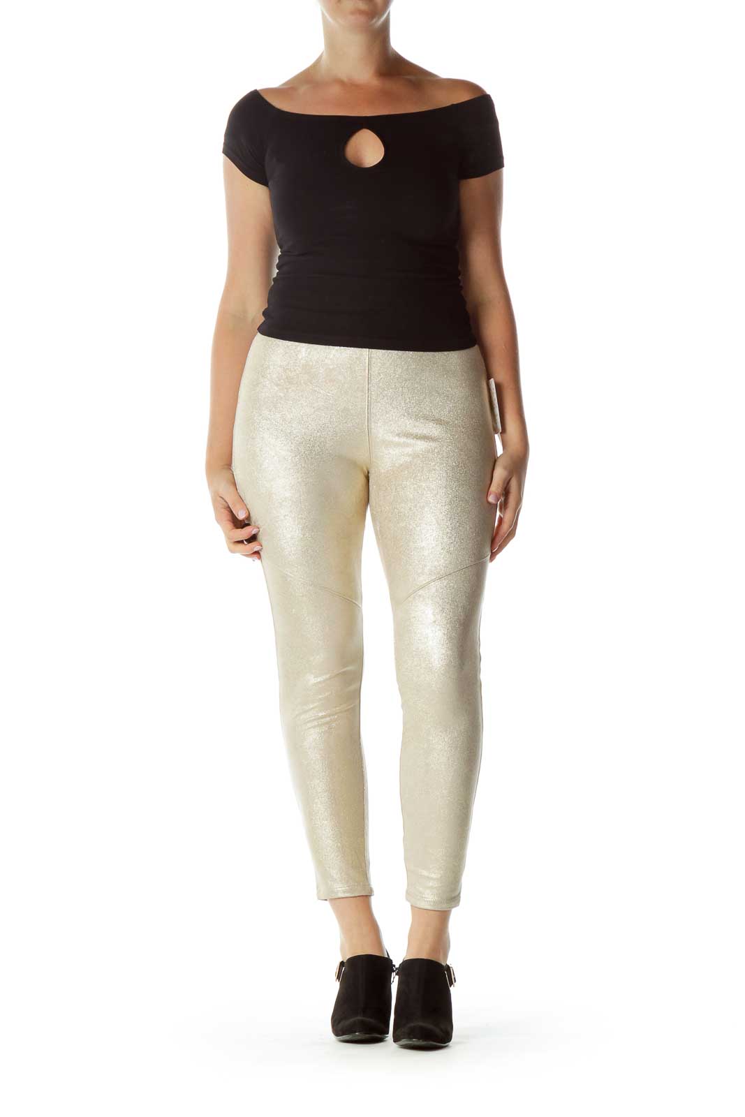 Front view of gold metallic skinny pants from Free People