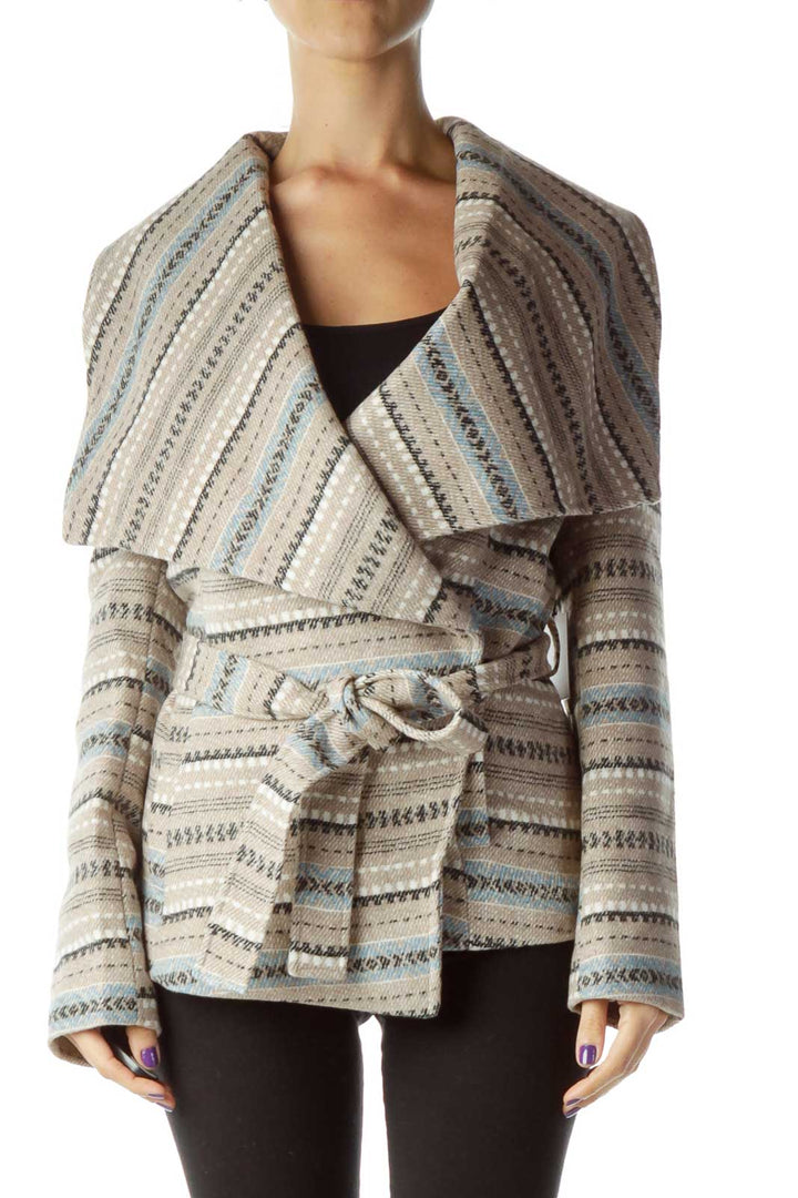 Beige Blue Printed Stripe Jacket