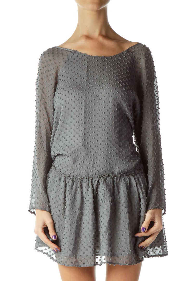 Gray Textured Long Sleeve Day Dress