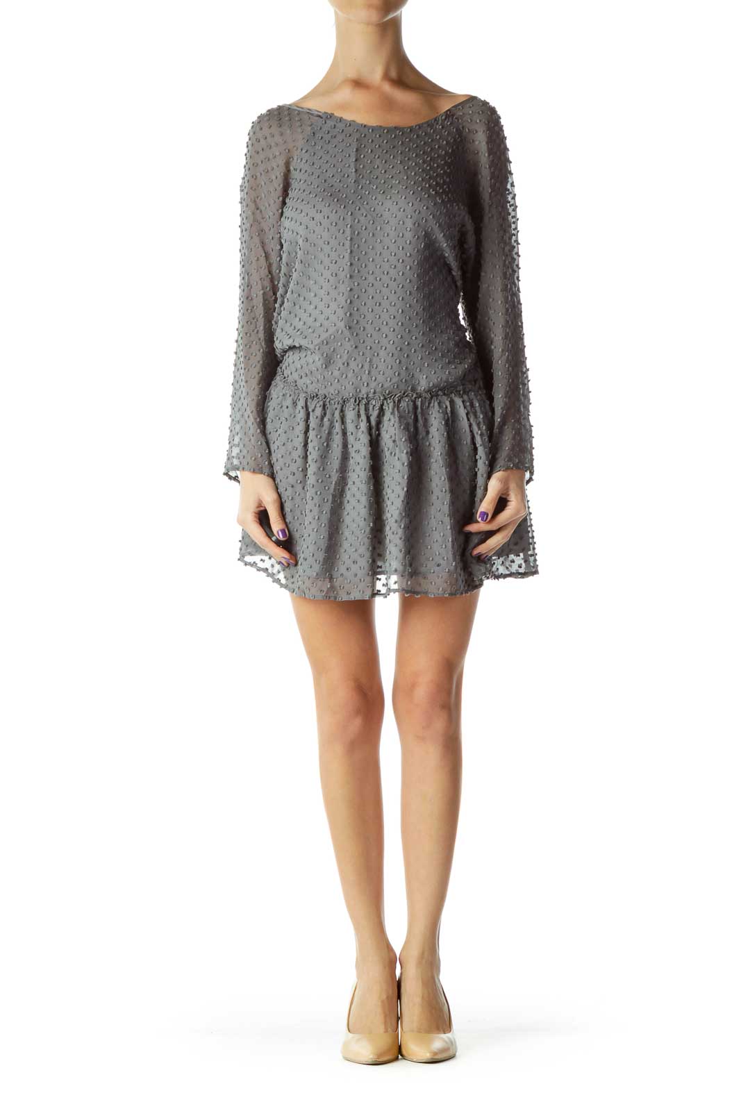 Gray Textured Long Sleeve Day Dress