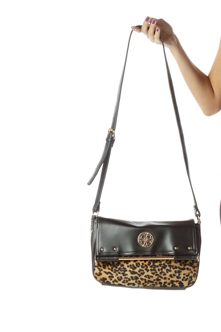 Black Faux-Leather Leopard Print Crossbody Bag