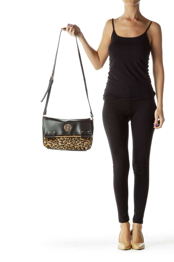 Black Faux-Leather Leopard Print Crossbody Bag