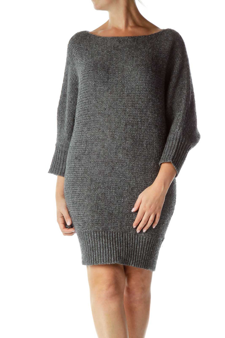 Gray Bat-Sleeve Chunky Knit Dress