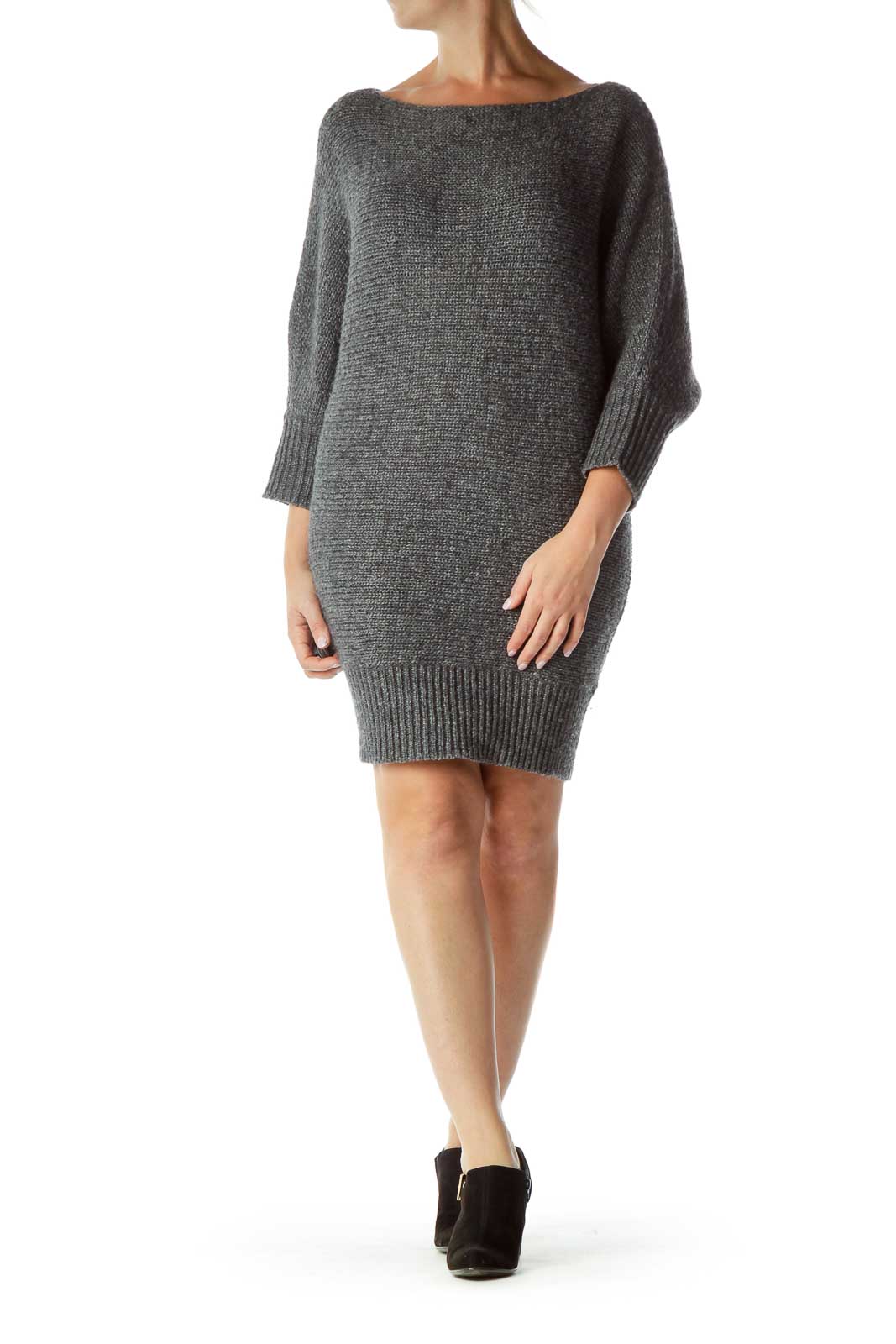 Gray Bat-Sleeve Chunky Knit Dress