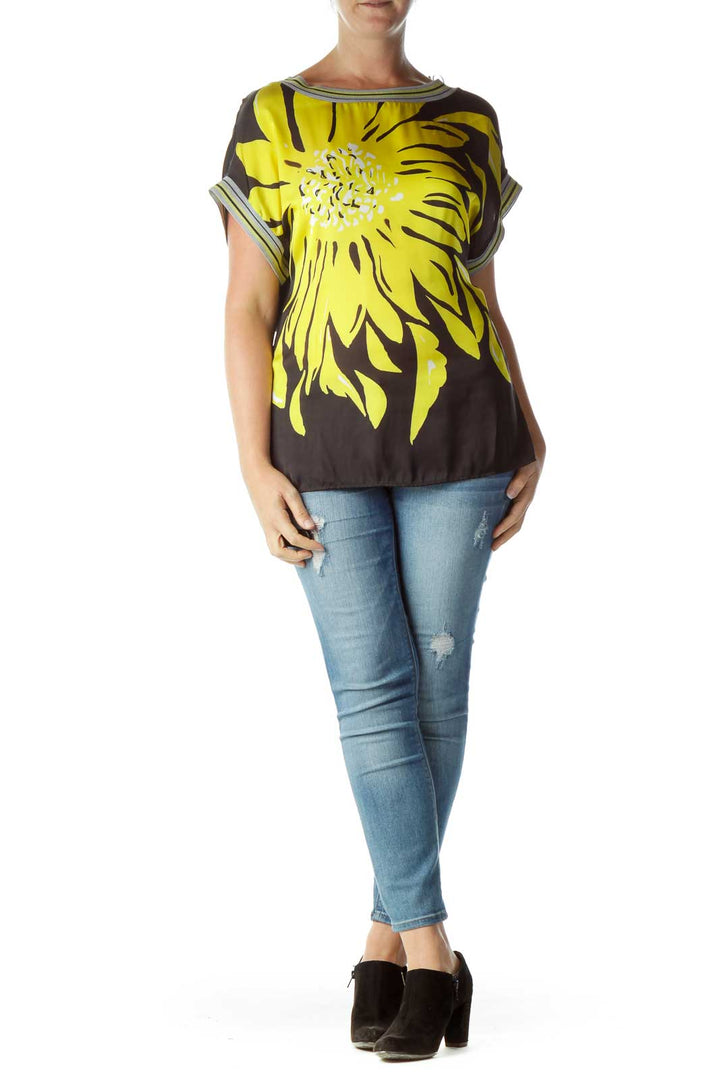 Yellow Black Flower Print Blouse