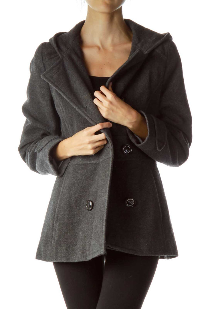 Gray Double Breasted Hooded Coat