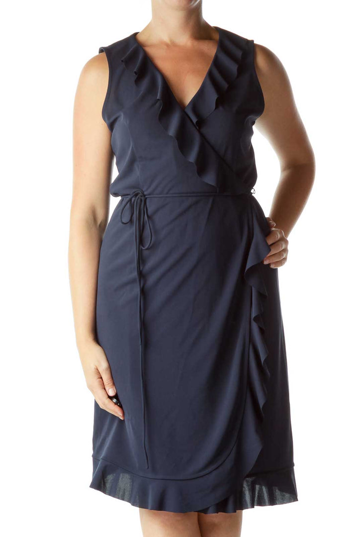 Navy Ruffled Sleeveless Wrap Dress