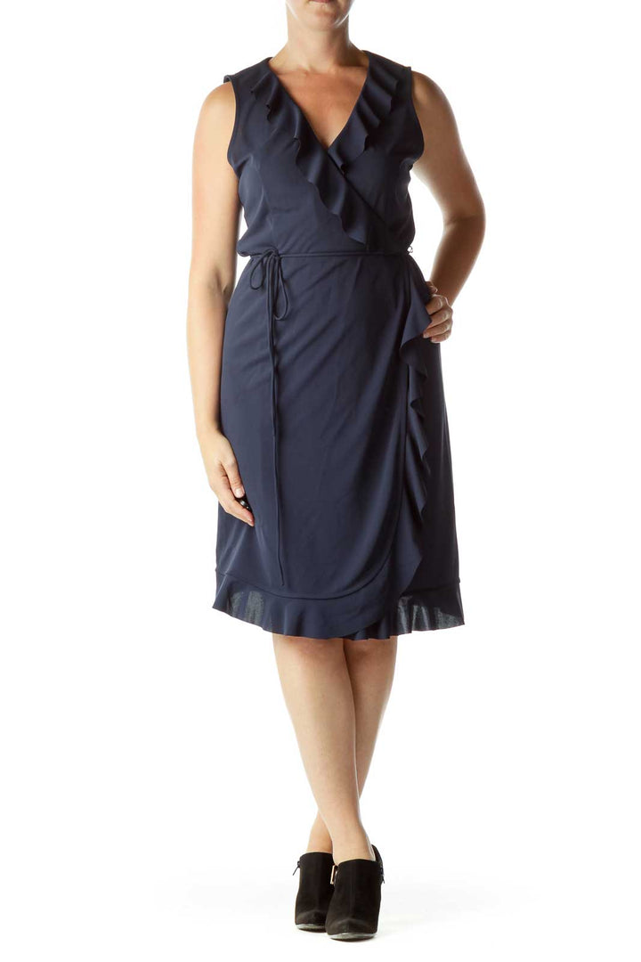 Navy Ruffled Sleeveless Wrap Dress