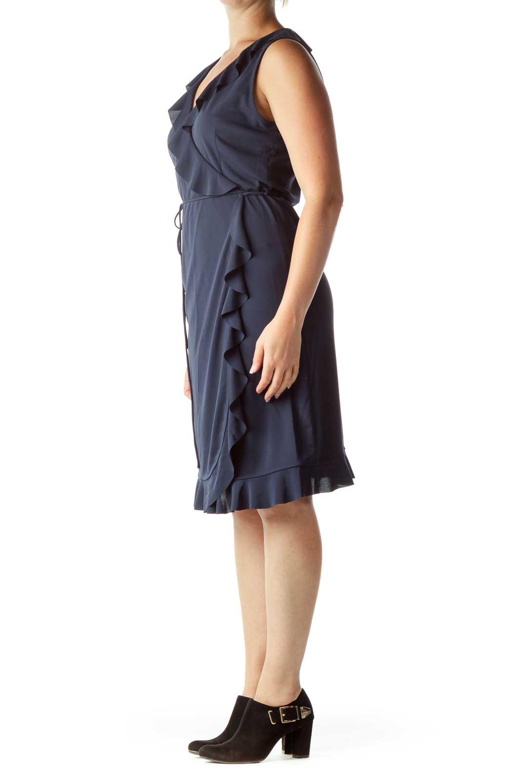 Navy Ruffled Sleeveless Wrap Dress