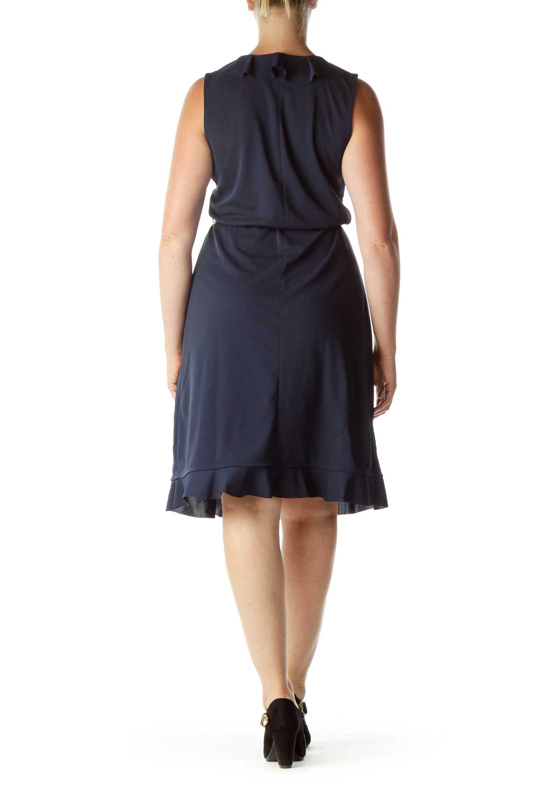 Navy Ruffled Sleeveless Wrap Dress