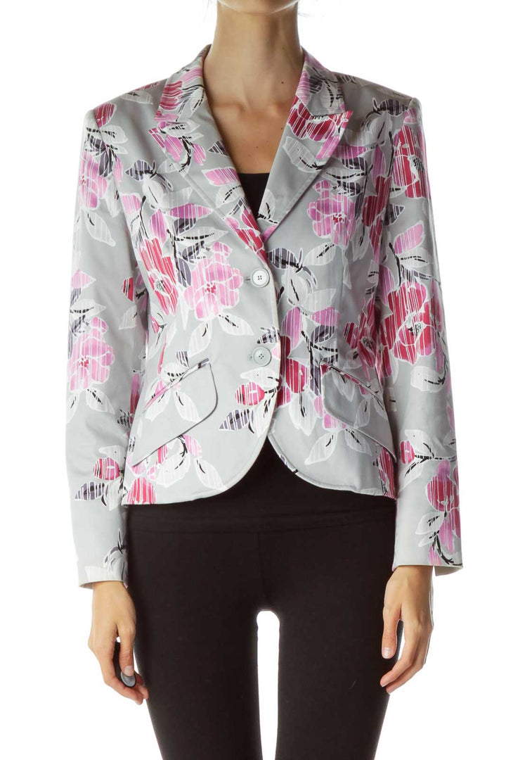 Gray Pink Flower Print Blazer