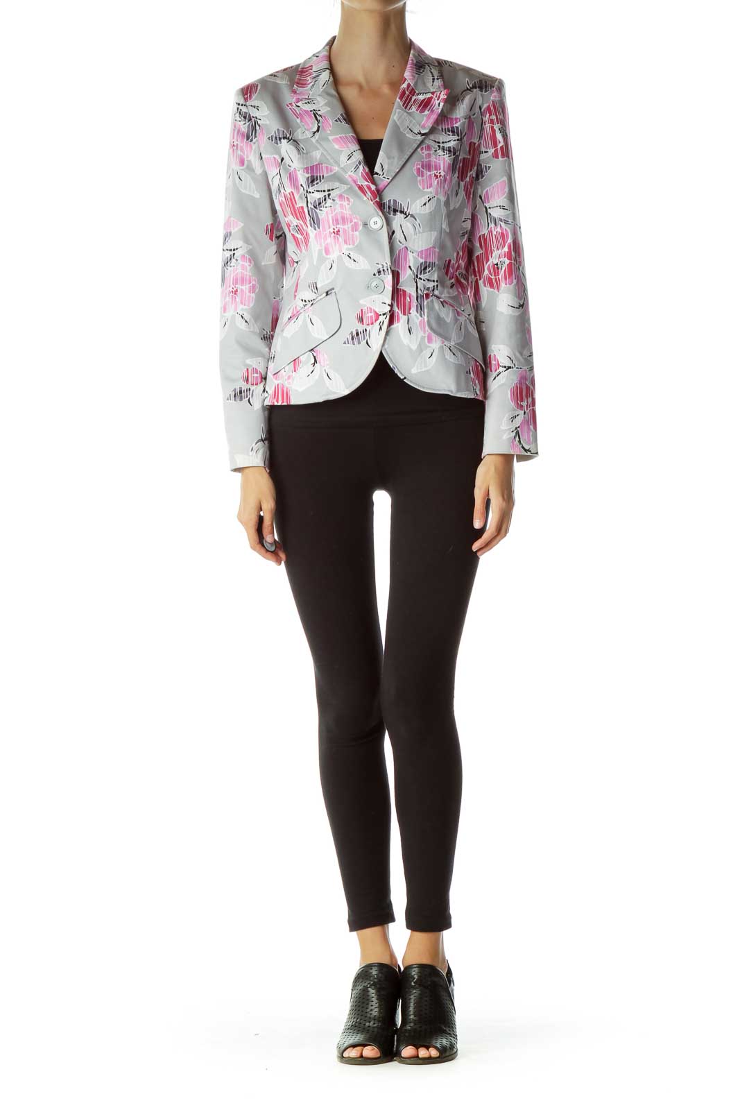 Gray Pink Flower Print Blazer