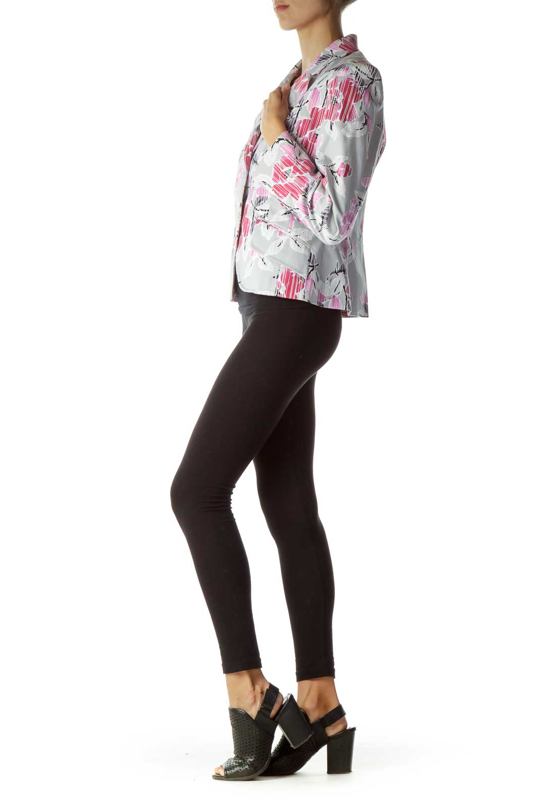 Gray Pink Flower Print Blazer