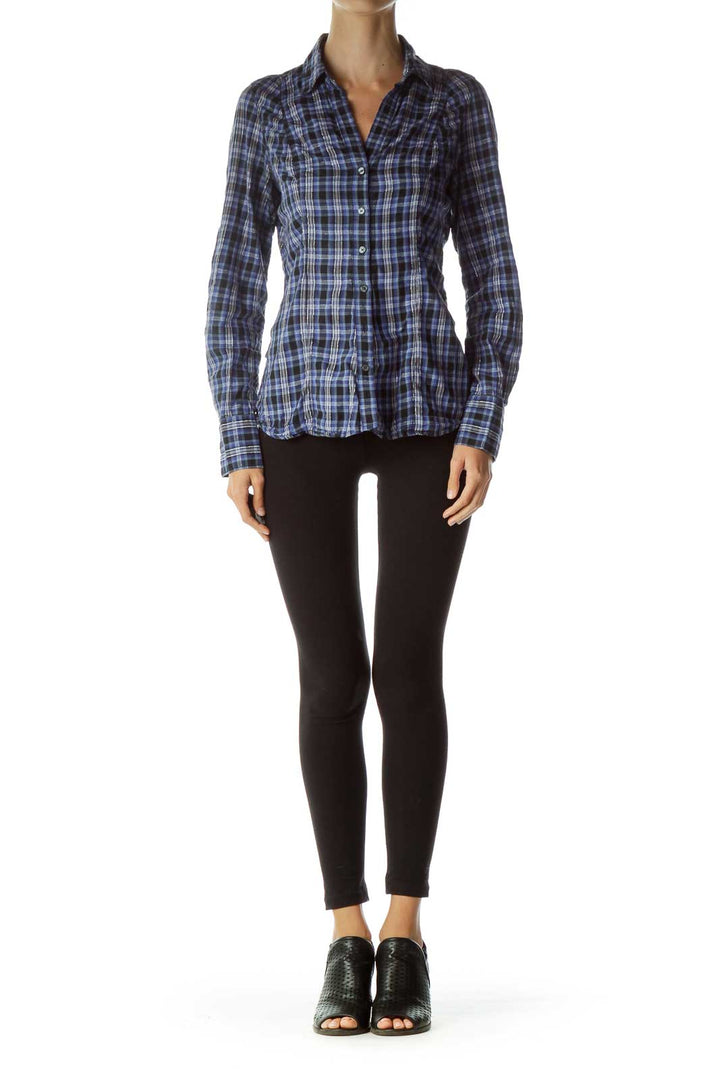 Blue Black Metallic Plaid Shirt