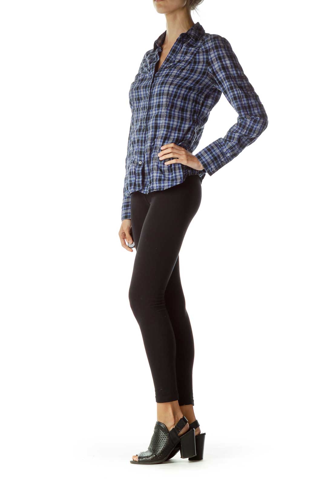 Blue Black Metallic Plaid Shirt