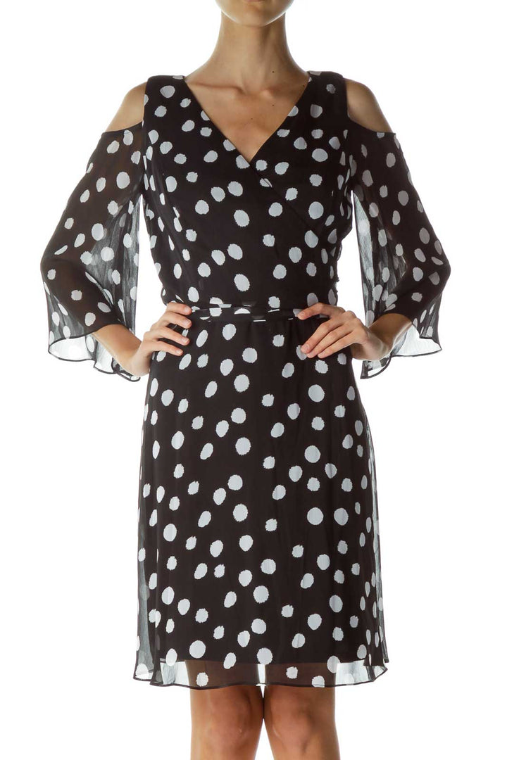 Black White Polka Dot Cold Shoulder Dress