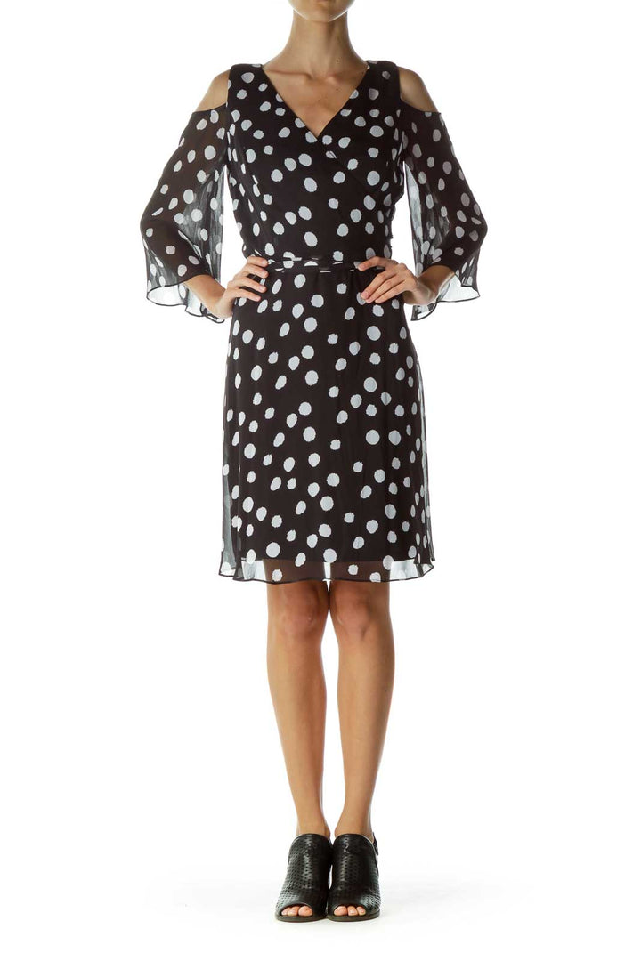 Black White Polka Dot Cold Shoulder Dress