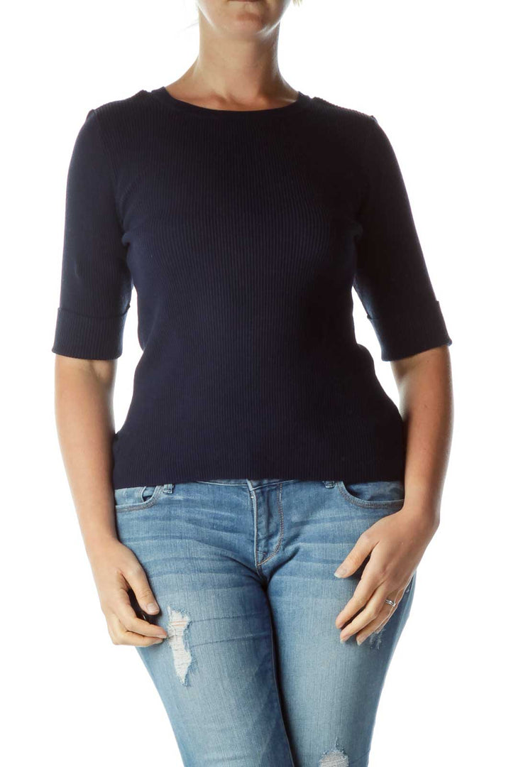 Navy Ribbed 3/4 Sleeve Knit Sweater