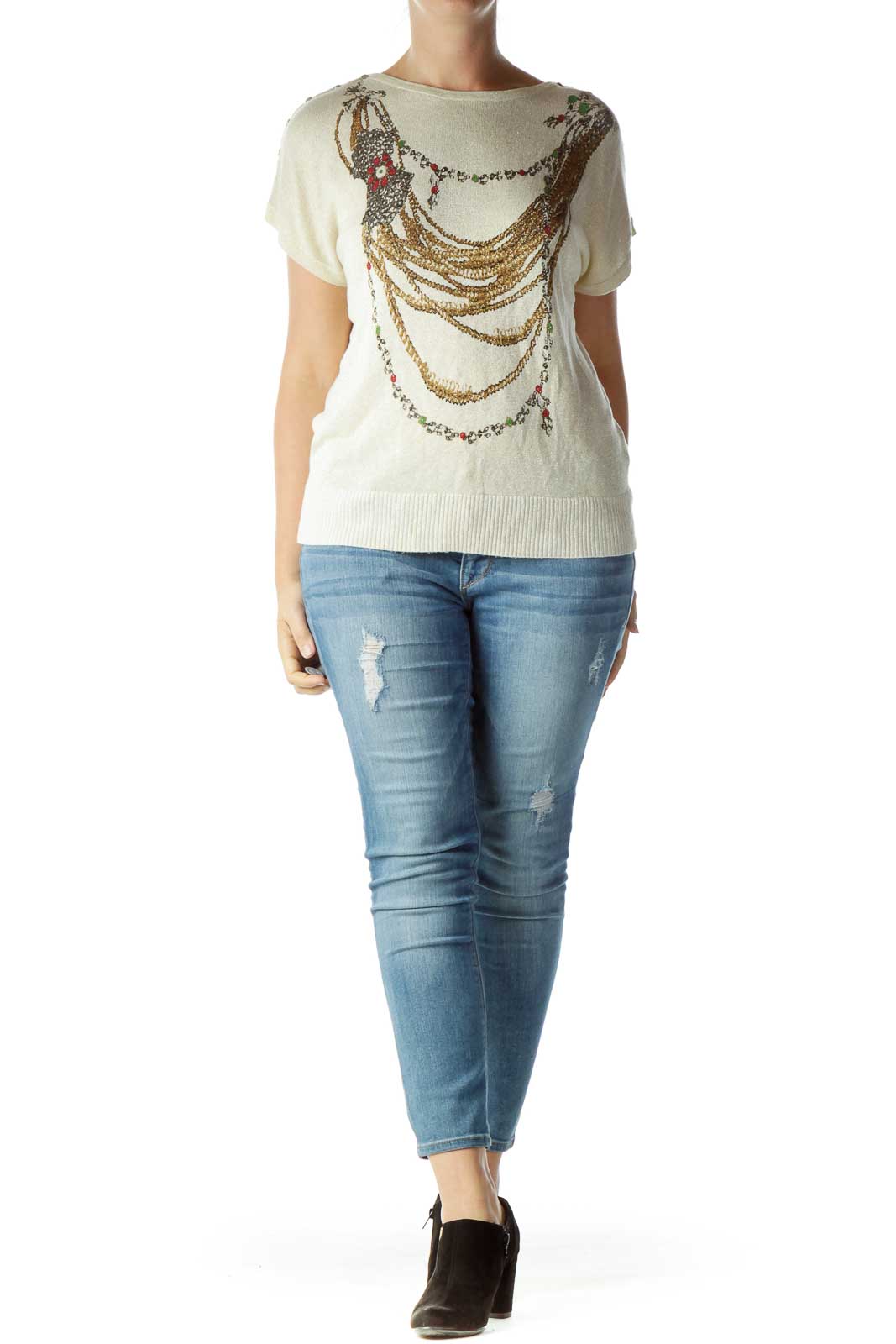 Beige Metallic Print Knit Top