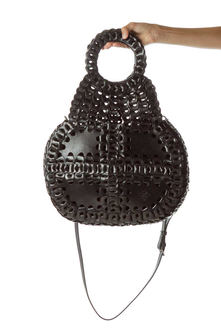 Black Woven Round Handle Leather Bag