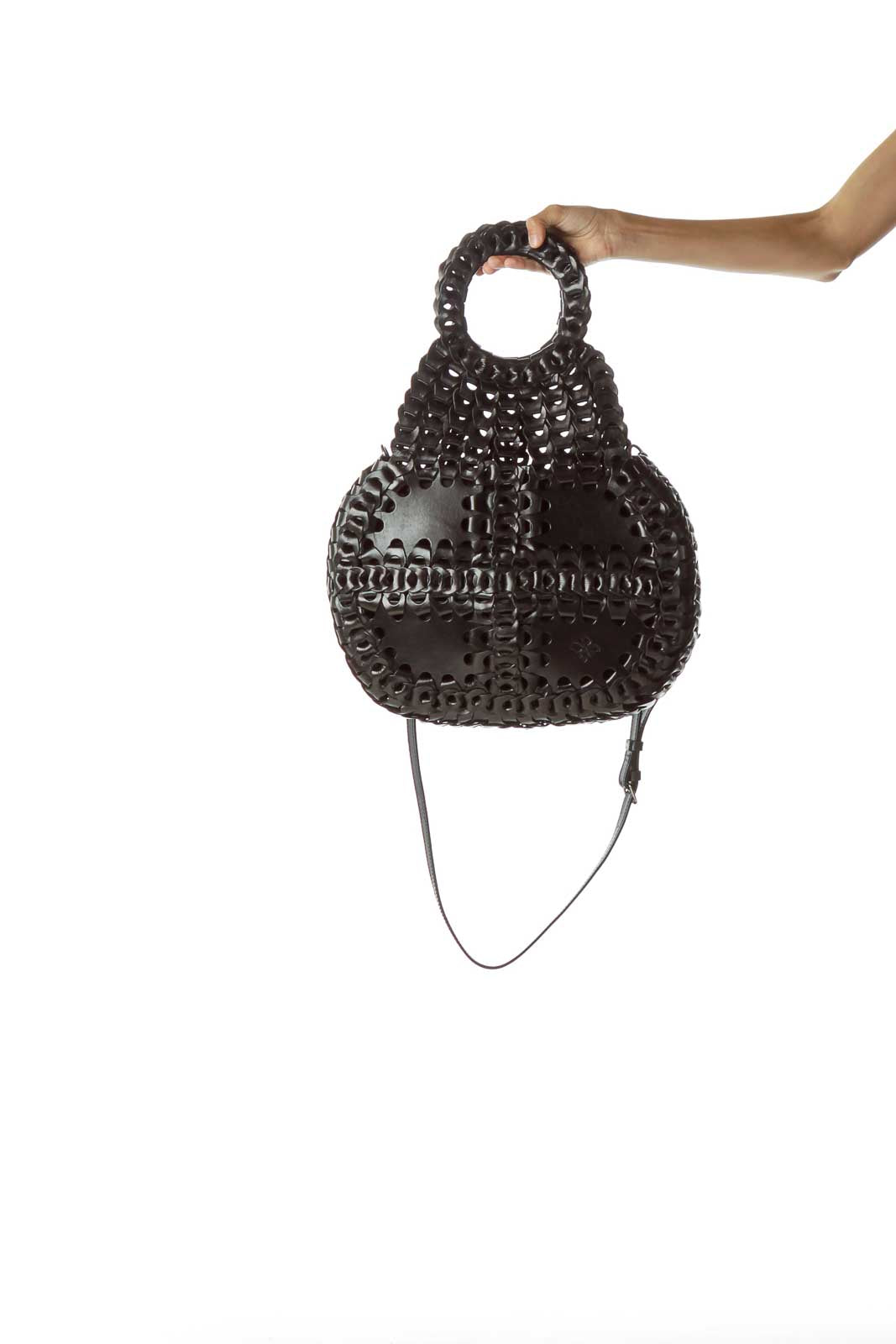 Black Woven Round Handle Leather Bag