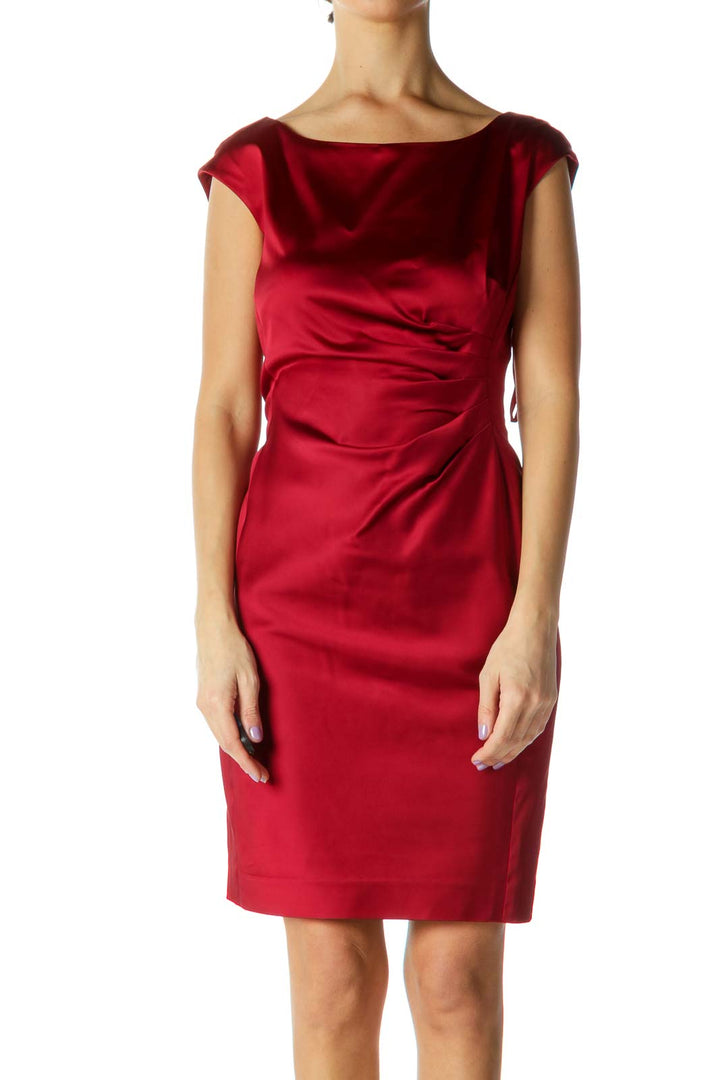 Red Satin Pleated Cocktail Dress