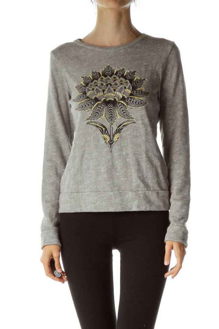 Gray Mottled Embroidered Sweater