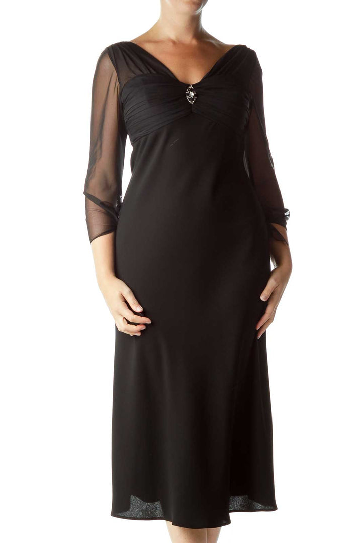 Black Sheer Evening Dress with Brooch