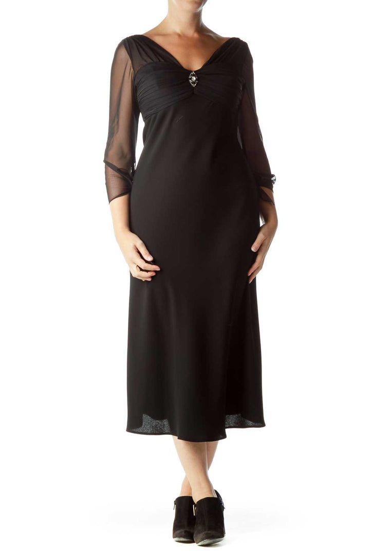 Black Sheer Evening Dress with Brooch