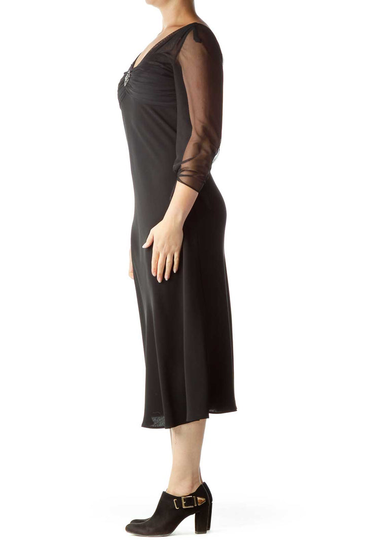 Black Sheer Evening Dress with Brooch