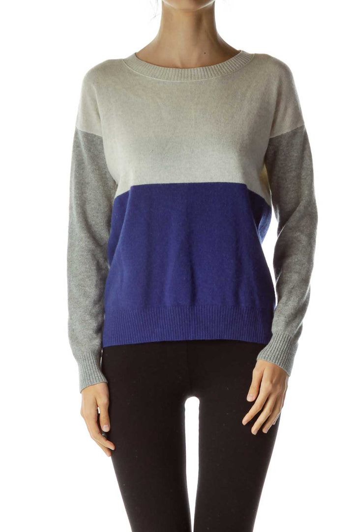 Gray Blue Color Block Cashmere Sweater