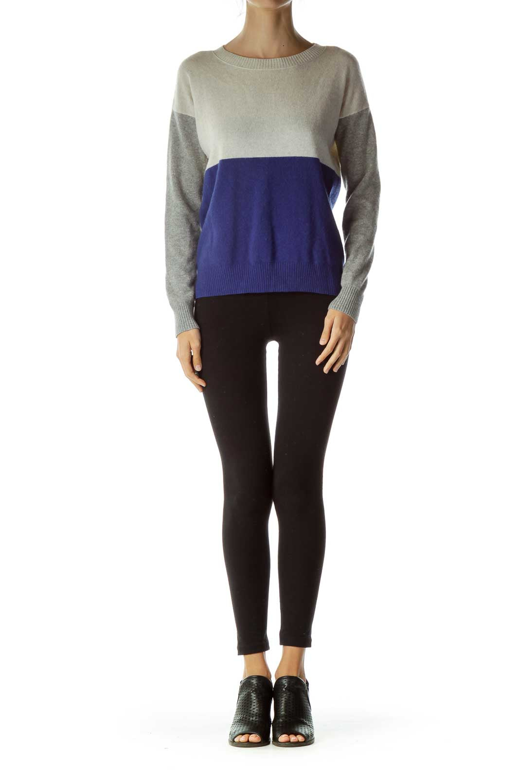 Gray Blue Color Block Cashmere Sweater