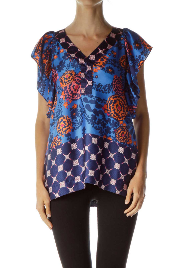 Blue Orange Printed Satin Blouse