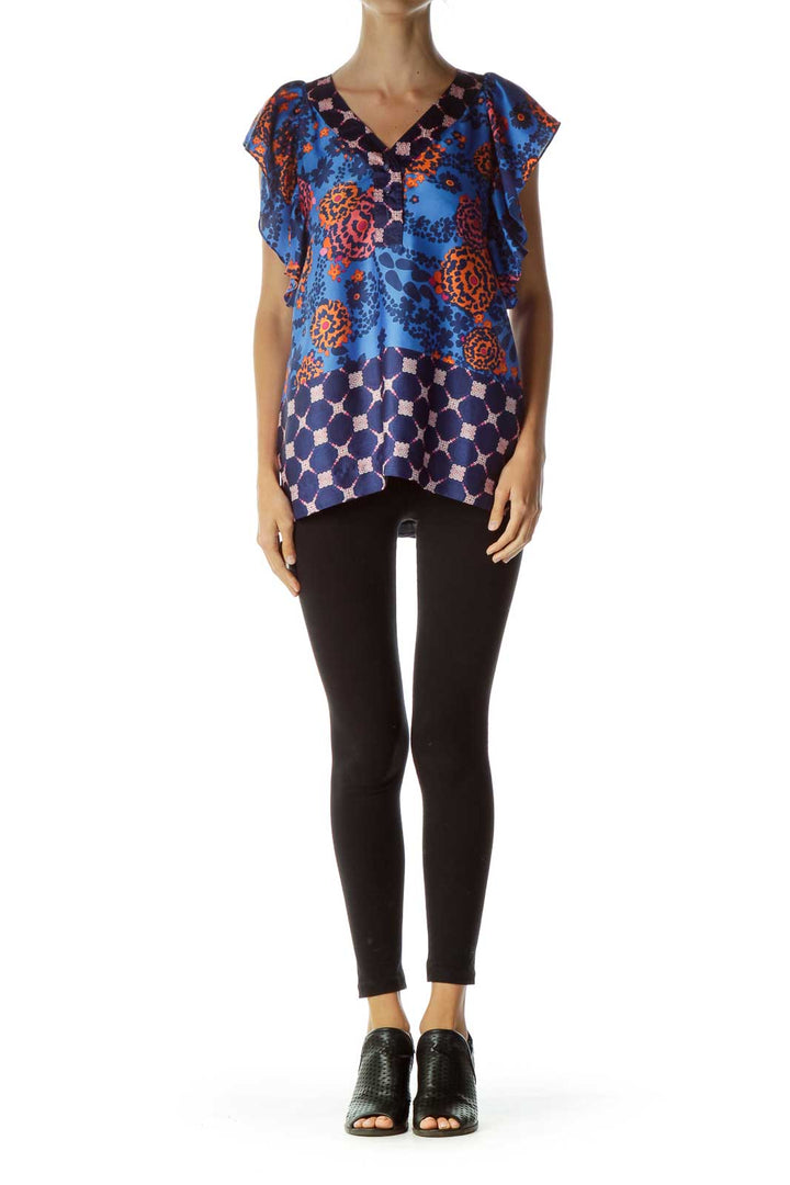 Blue Orange Printed Satin Blouse